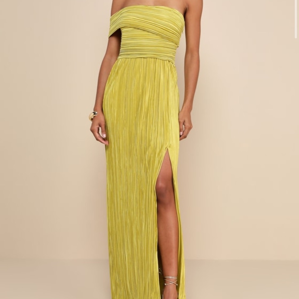 COPY - Lulus Poised Performance Chartreuse Plisse One-Shoulder Maxi Dress